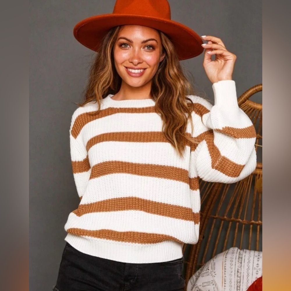 Women's Striped Knit Sweater - IVORY/CAMEL - Size Large NEW